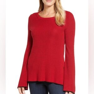 Vince Camuto Red Tunic Sweater Pullover Micro Ribbed w Black Trim, Stretchy XS